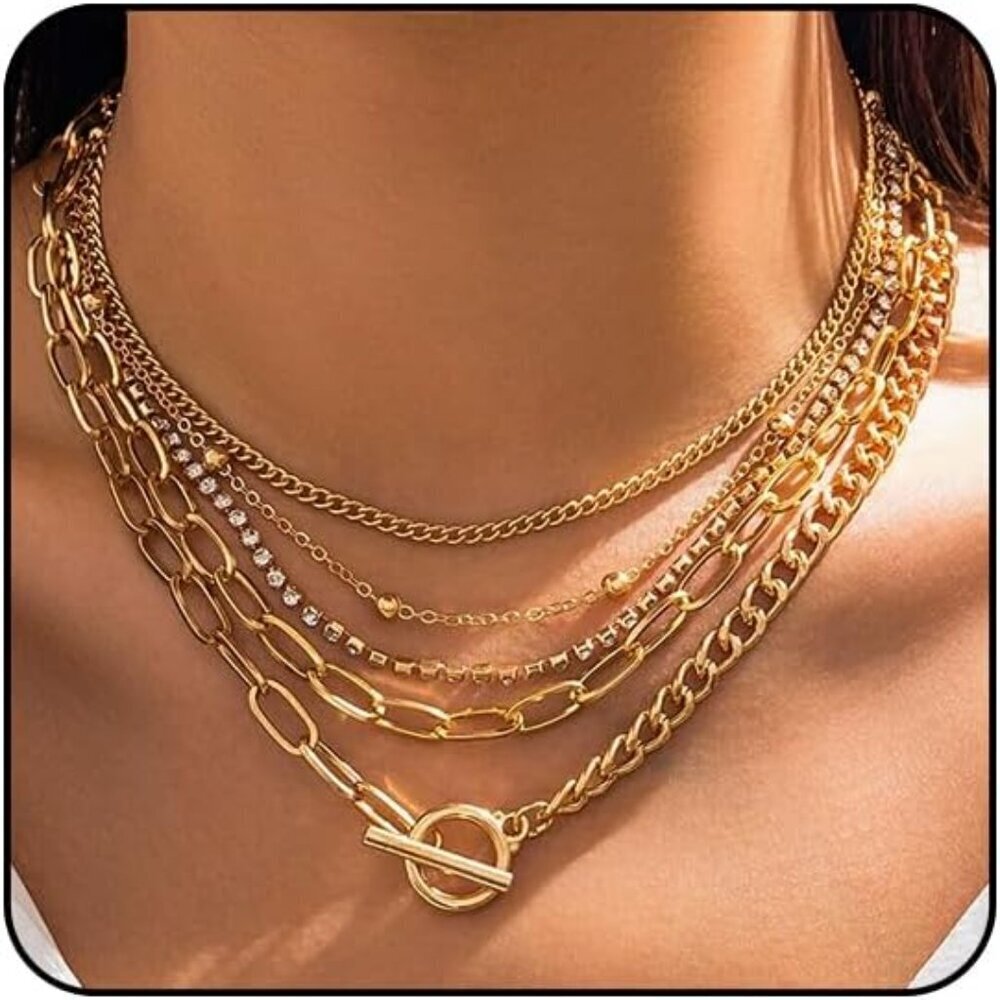 🆕 Women Gold Heart Pendant Necklace Chunky Layered Paperclip Chain Jewelry Set
